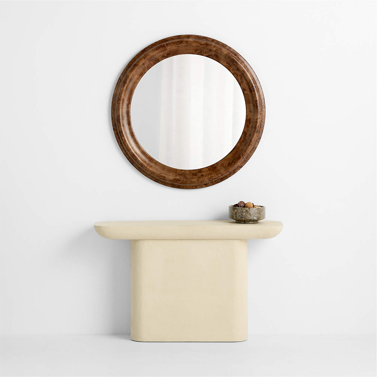 Mota Dark Burl Wood Round Wall Mirror | Crate & Barrel | Crate & Barrel