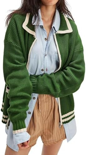 CHARTOU Casual Knit Zip Up Sweater for Women 2025 Fall Outfits Contrast Trim Open Front Cardigan ... | Amazon (US)