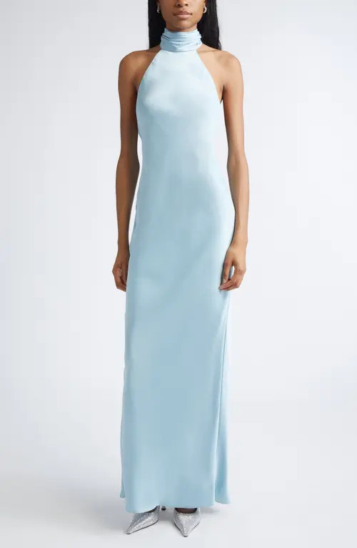 Ramy Brook Tatiana Halter Neck Satin Gown in Moonstone Blue at Nordstrom, Size 10 | Nordstrom