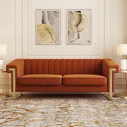 Amazon.com: Burnt Orange Velvet Couch Sofa, 84 Wide Mid-Century Modern Love Seat Tufted Chesterfi... | Amazon (US)