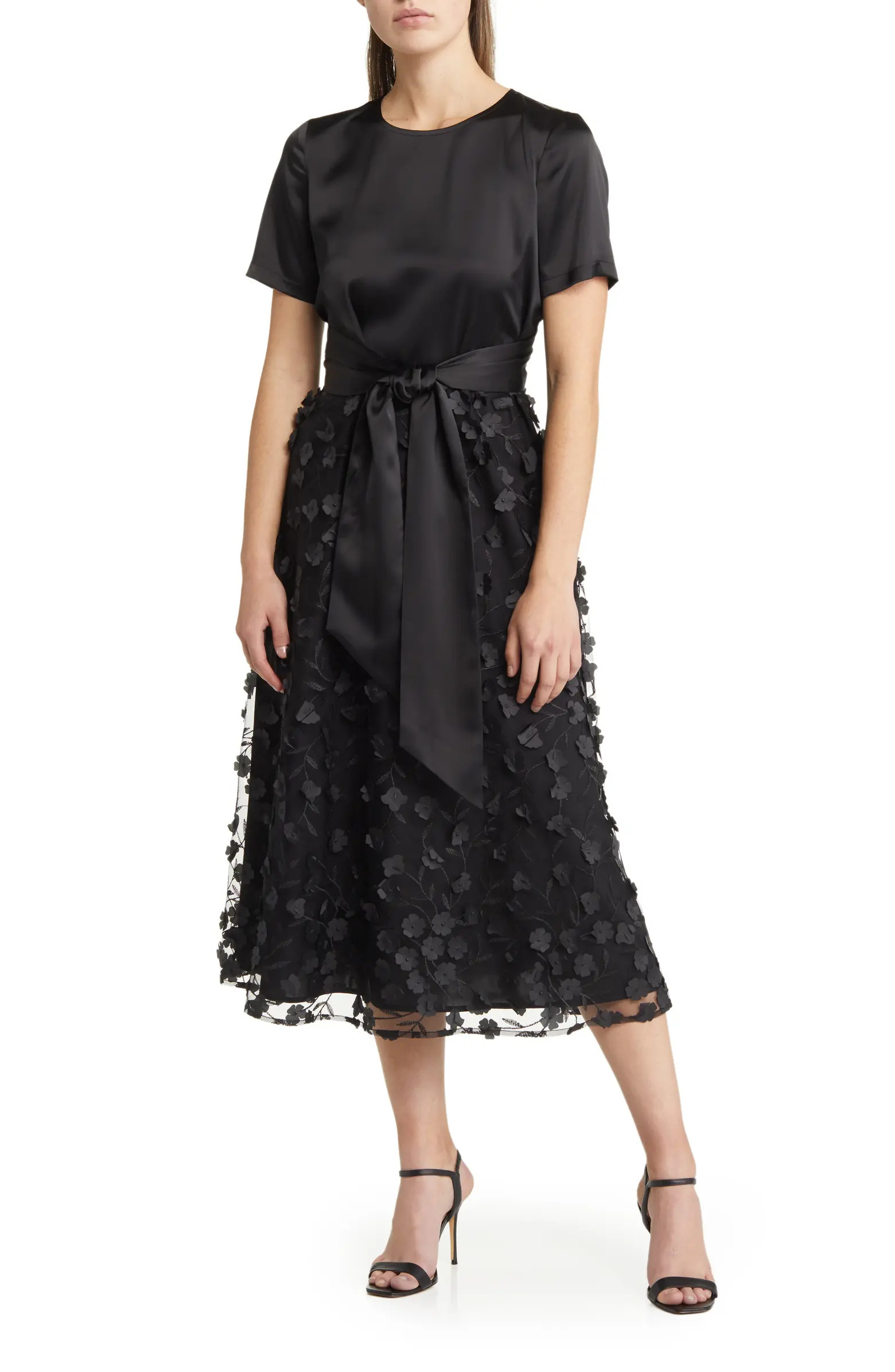 Anne Klein Floral Appliqué Tie Waist Satin Midi Dress | Nordstrom | Nordstrom