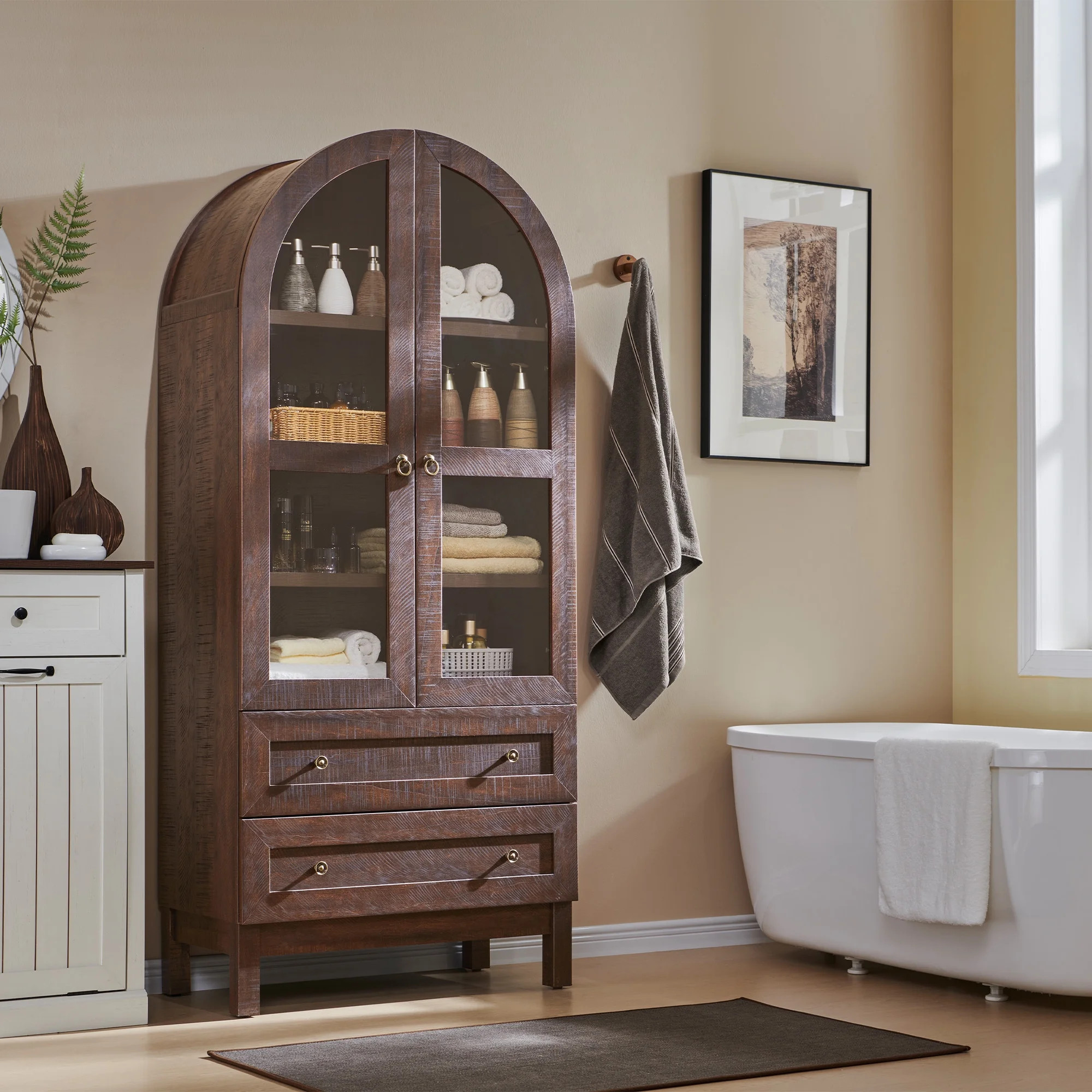 71 " Bathroom Storage Cabinet with 2 Doors& 2 Drawers, Arched Wooden Kitchen Pantry Storage Cabin... | Walmart (US)