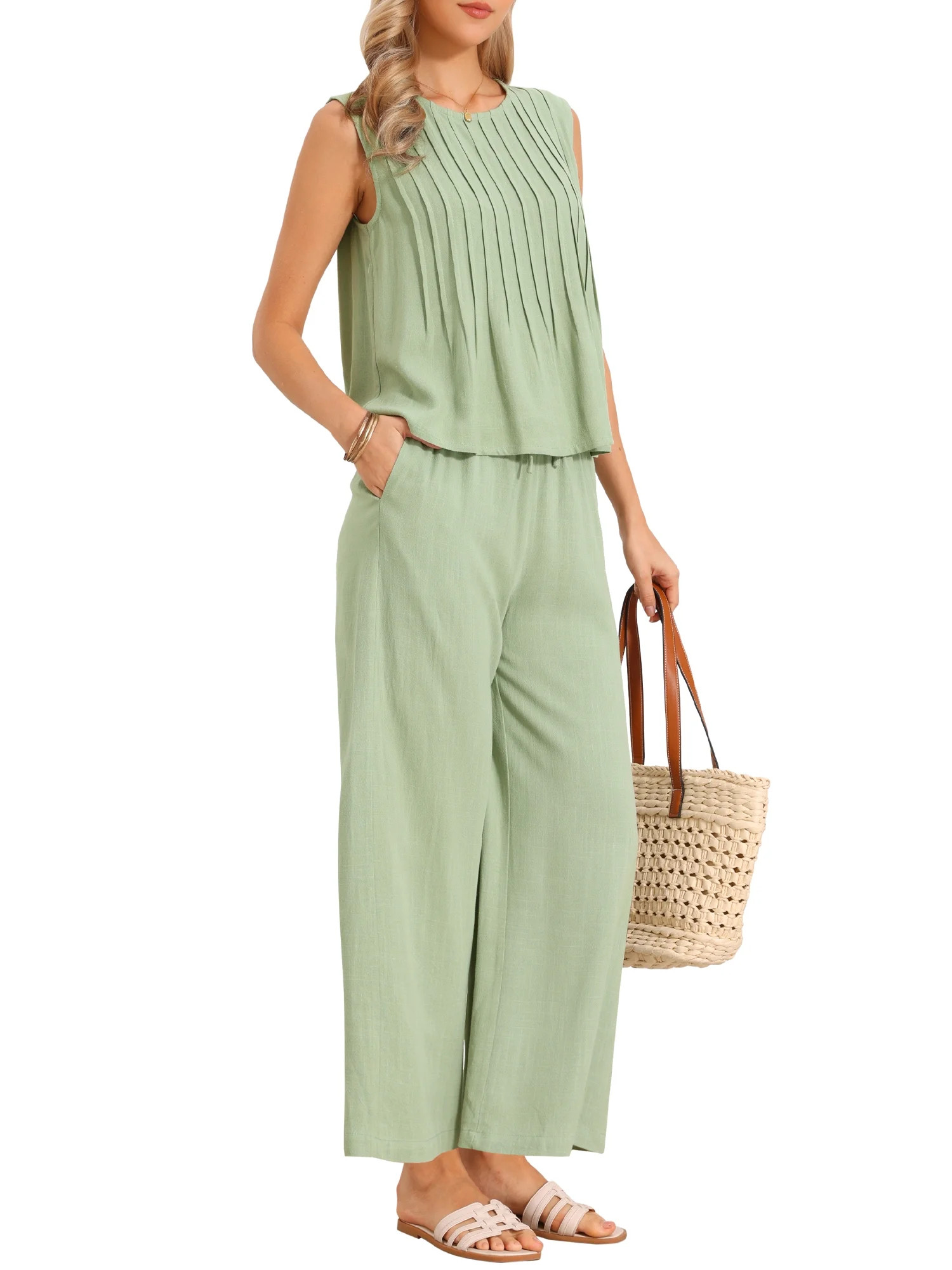 INSPIRE CHIC Casual 2 Piece Sets for Women Summer Pants Suits Lightweight Pleated Tank Top Drawst... | Walmart (US)