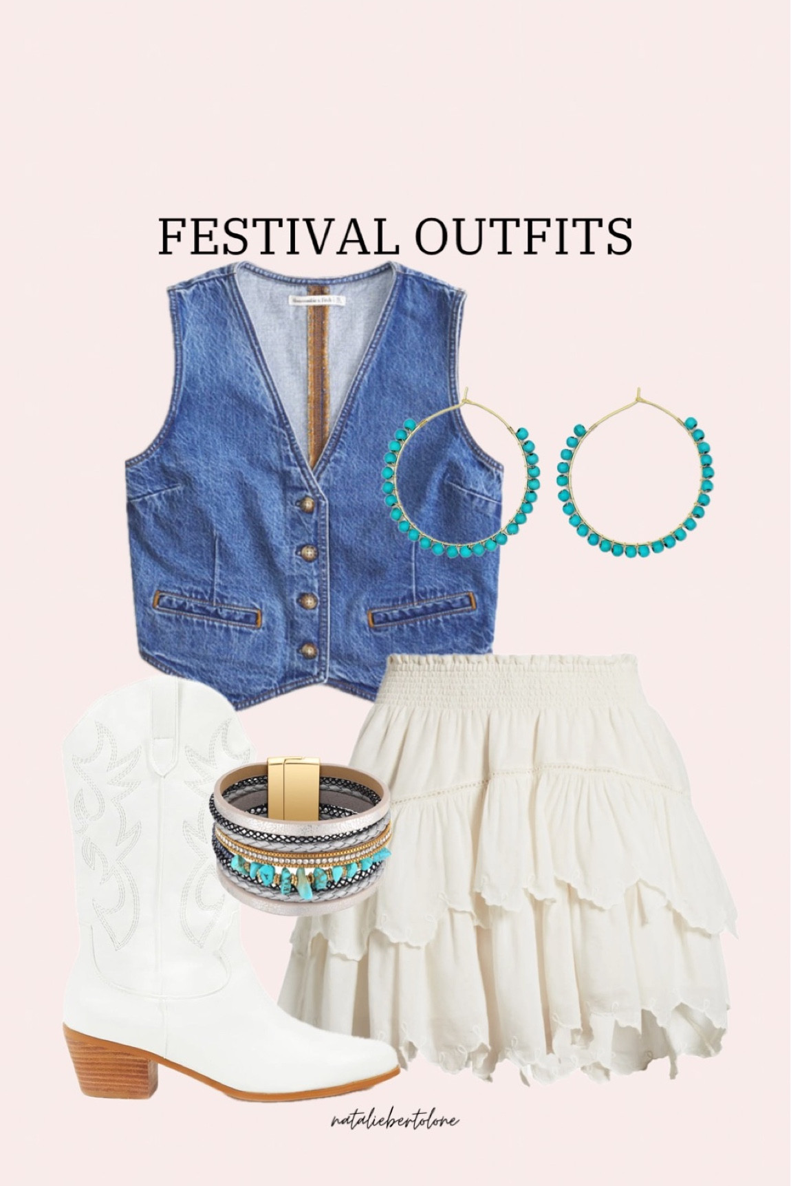 festival outfit idea, country concert outfit ideas. denim vest. tired ruffle skirt. cowboy boots. turquoise jewelry

#LTKstyletip #LTKFestival #LTKSeasonal