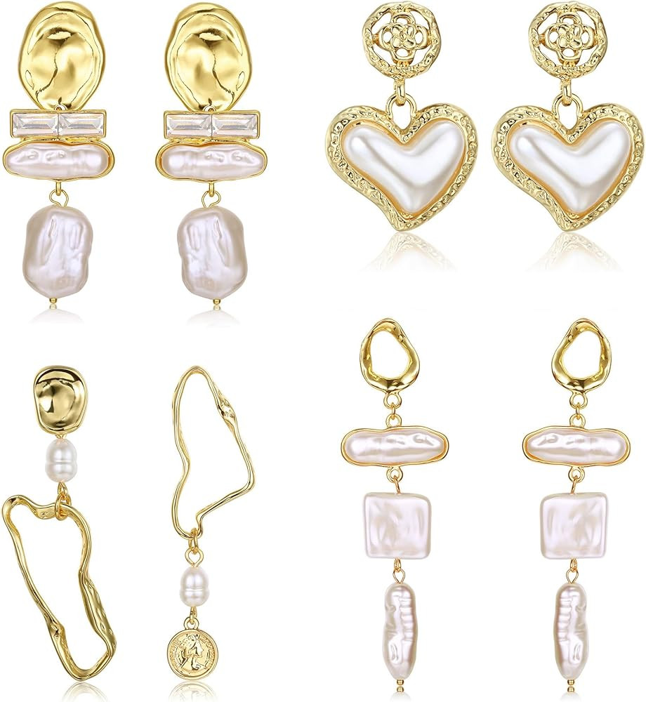 FIBO STEEL 4 Pairs 14K Gold Pearl Earrings for Women Baroque Statement Pearl Drop Earrings Chande... | Amazon (US)