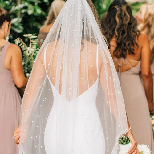 Pearl Veil White Veil with comb Pearl Veil Ivory Elbow Veil for Bride Veil with pearls Cathedral ... | Etsy (US)