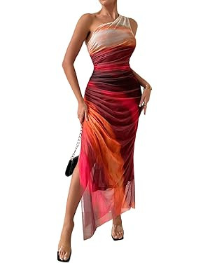 LIGHT DOT Women's One Shoulder Printed Maxi Dress Tie Dye Mesh Ruched Sleeveless Cocktail Dress | Amazon (US)