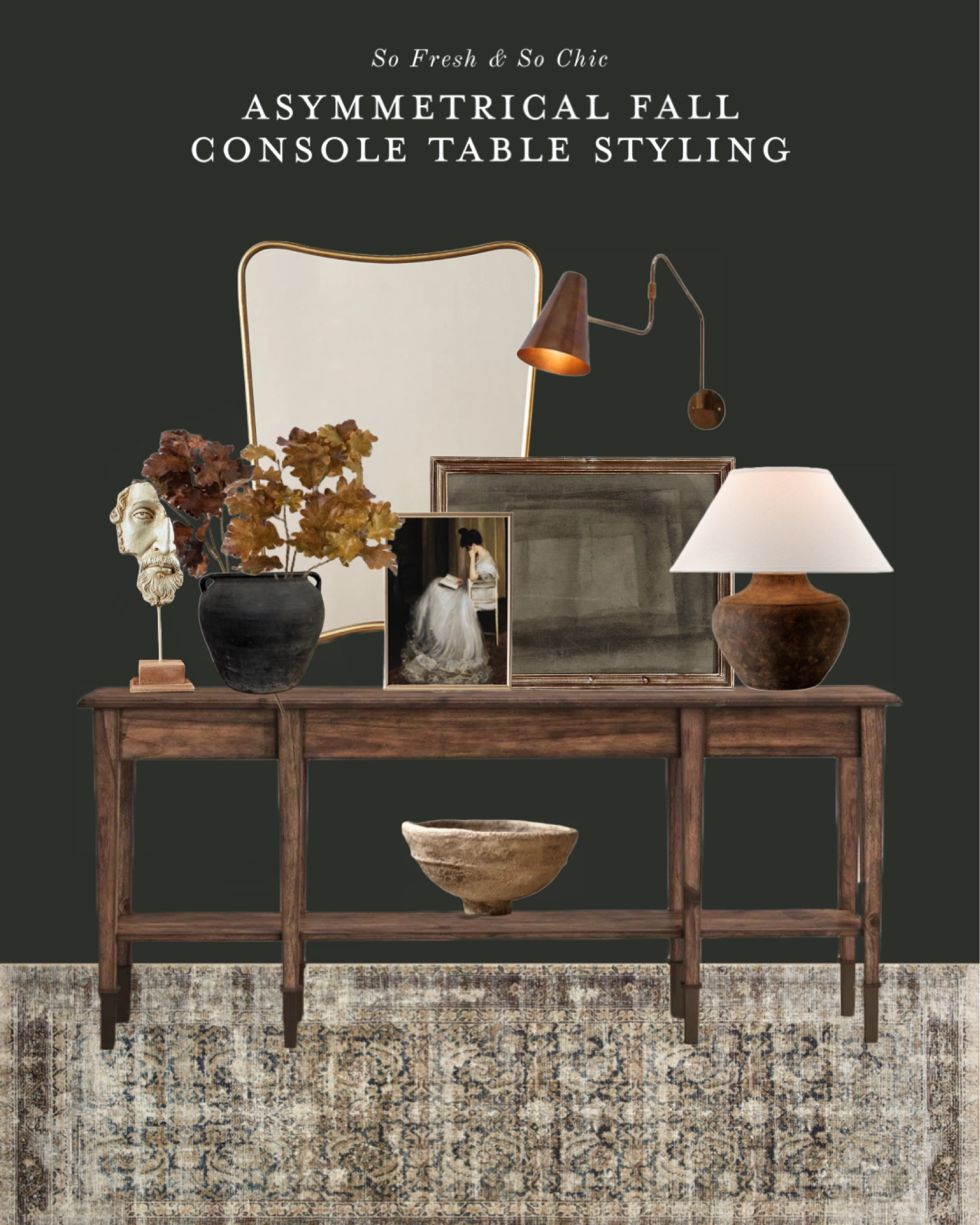 Moody entryway decor.
-
Extra long console table - oversized console table - Asymmetrical console table styling - Fall console table decor - Fall entryway decor - brass sconce with adjustable swing arm - wavy wall mirror brass frame - black ceramic vase - calibria table lamp - brown ceramic table lamp with white shade - bust of Zeus sculpture - vintage printable art of sitting girl - abstract grey art - digital printable art - affordable art - Papier mache handmade bowl - faux oak leaf stems - Fall stems - extra long wood console table - amber Lewis Loloi Morgan runner navy sand - fall decor sale - affordable fall decor - console table decor - Wayfair - Burke decor - Anthropologie home - Etsy 

#LTKhome #LTKsalealert #LTKfindsunder100