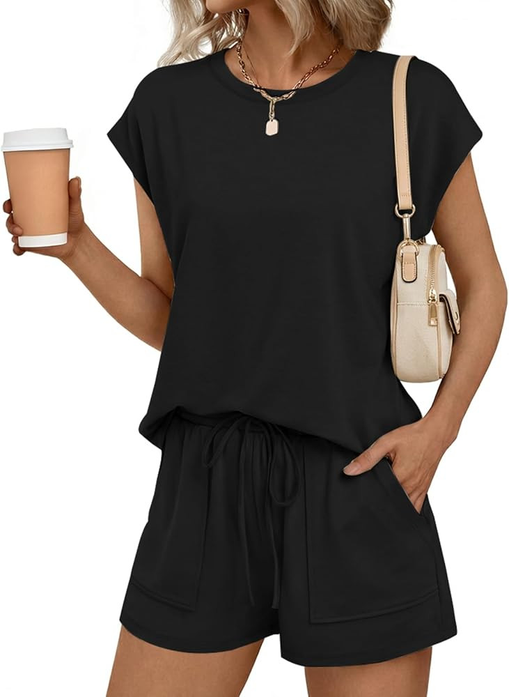 2 Piece Sets for Women Summer Outfits Lounge Sets Crew Neck Short Sets Cap Sleeve Drawstring Swea... | Amazon (US)