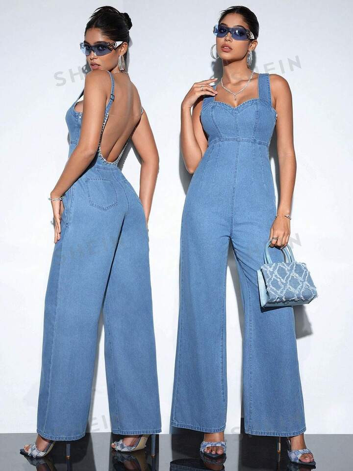 SHEIN BAE Spring And Summer Casual High Waist Denim Jumpsuit With Rhinestone Decoration And Open ... | SHEIN