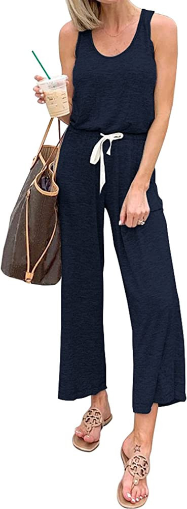 PRETTYGARDEN Women's Casual Sleeveless Solid Jumpsuit Crewneck Drawstring Waist Stretchy Long Pan... | Amazon (US)