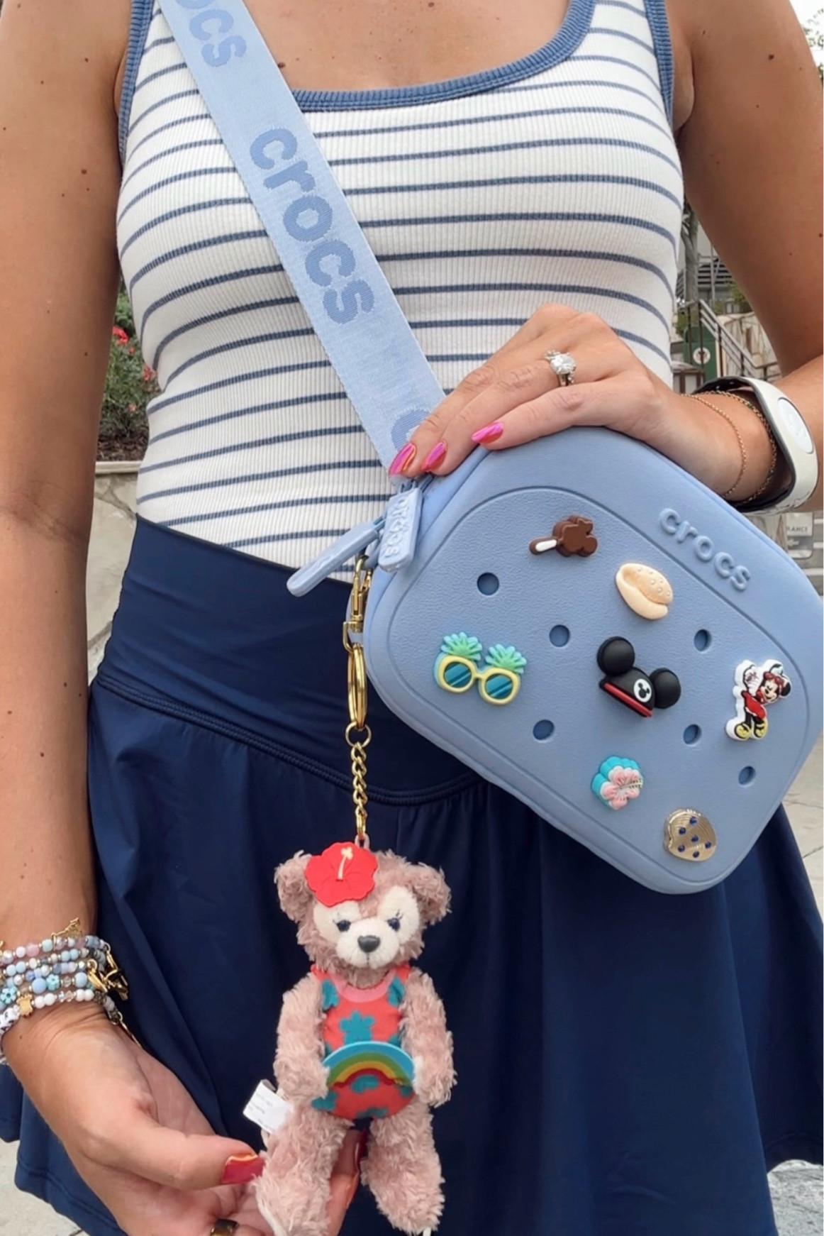 Blue crocs Fanny pack and black Mickey Mouse ears with jibbitz🫶🏻
