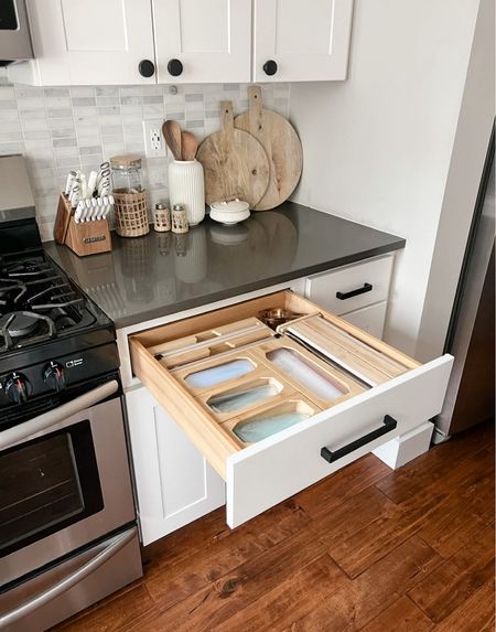 Kitchen drawer organization! No more messy drawers! Keep your ziplock bags, foil, plastic wrap, and parchment paper totally organized with this drawer organization system. 

#LTKunder100 #LTKhome #LTKFind