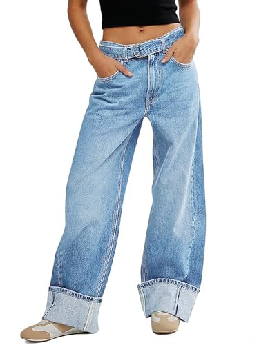 Tankaneo Womens Wide Leg Cuffed Jeans Trendy High Waisted Baggy Boyfriend Casual Denim Pants with... | Amazon (US)