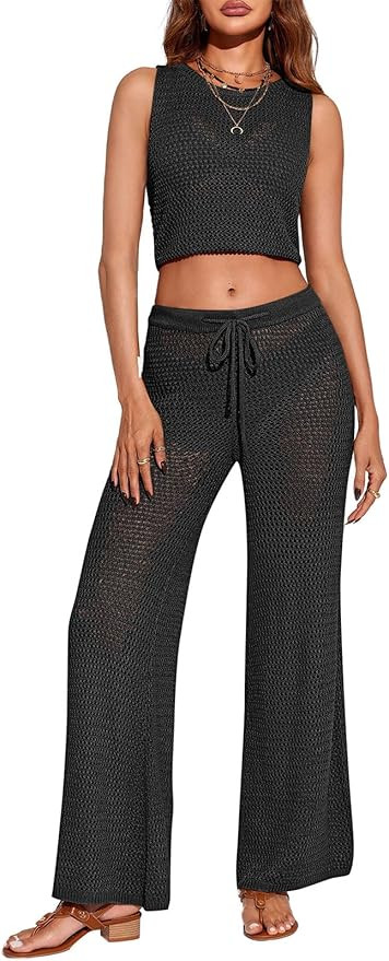 Saodimallsu Womens 2 Piece Crochet Swimsuit Cover Up Sleeveless Crop Top Drawstring Long Pants Se... | Amazon (US)