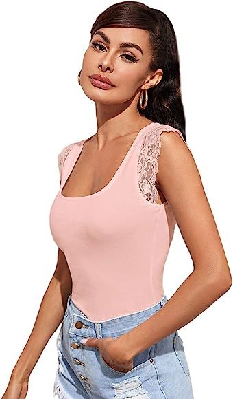 SweatyRocks Women's Solid Scoop Neck Lace Cap Sleeve Slim Fit T-Shirt Tops | Amazon (CA)