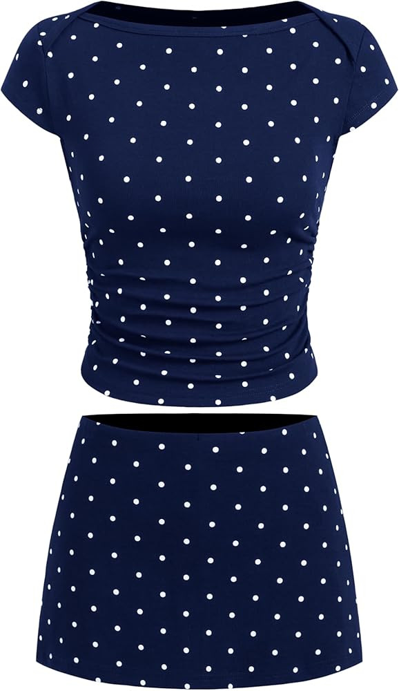 CIDER Womens Summer Outfits Polka Dot Ruched Tee Low Waist Mini Skort Boat Neck Set | Amazon (US)