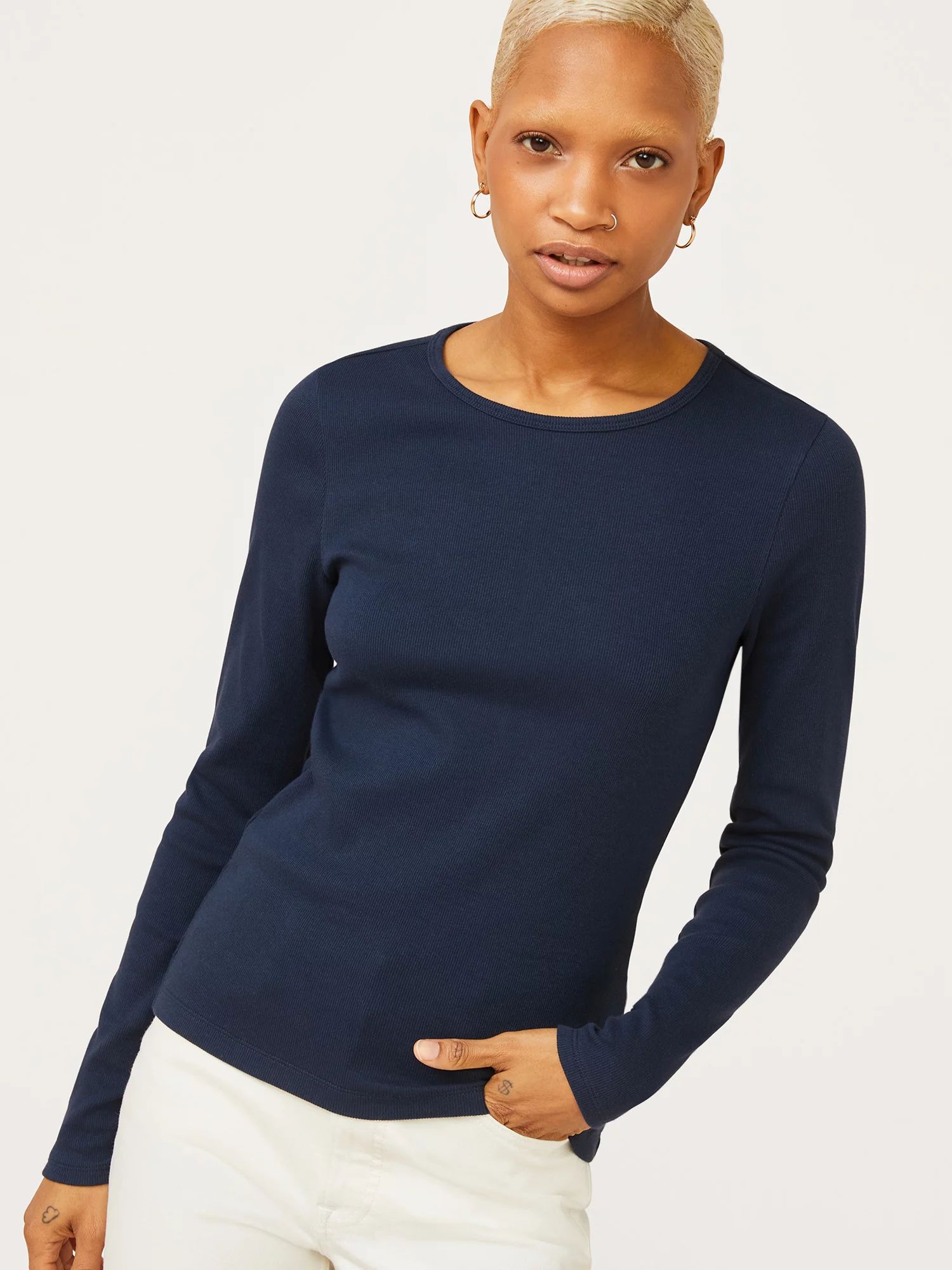 Free Assembly Women's Ribbed Crewneck T-Shirt with Long Sleeves | Walmart (US)