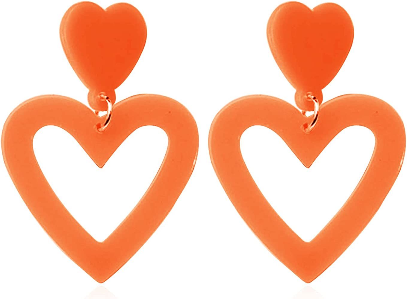 Love Heart Dangle Earrings Hot Pink Double Hearts Drop Earrings Red Yellow Orange Acrylic Earring... | Amazon (US)