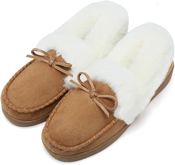 FANTURE Women’s House Slippers Moccasins Slip On Micro Suede Faux Fur Lined Indoor & Outdoor | Amazon (US)