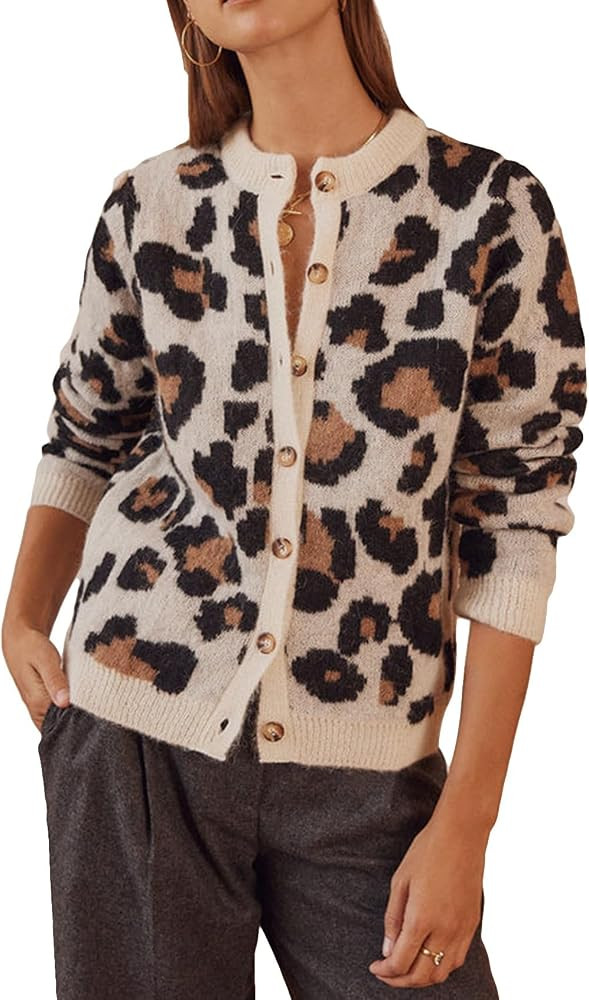 Women's Leopard Print Cardigans Open Front Button Down Long Sleeve Cheetah Print Knit Tops | Amazon (US)