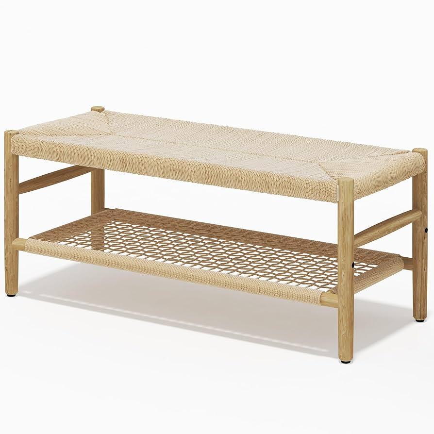 Recaceik Indoor Entryway Bench with Paper Cord Ottoman & Grid Storage Rack, Mid-Century Long Benc... | Amazon (US)