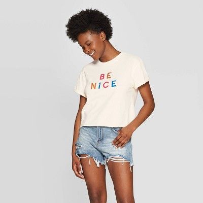 Women's Short Sleeve Be Nice Cropped Graphic T-Shirt - Mighty Fine (Juniors') - Cream | Target