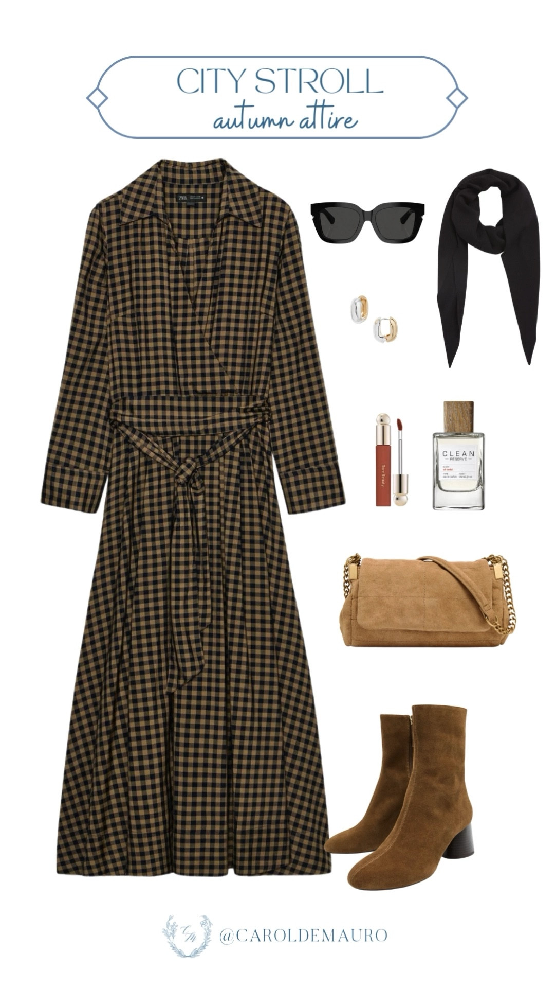 Here's your go-to formula for a comfy and chic autumn stroll: start with a gingham dress and layer up with that perfect black scarf. Pair it with a suede boots, the cute saddle bag, and sunglasses to complete the look perfectly.

urban fashion, timeless look, classy chic, fashion inspo, petite fashion, fall style, autumn wardrobe, boots season

#LTKStyleTip #LTKSeasonal #LTKU