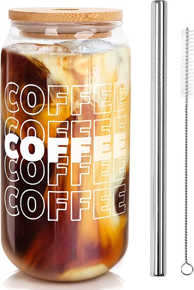 Iced Coffee Cup, Iced Coffee Cups with Lids and Straws, Beer Can Glass with Lids and Straw, Iced ... | Amazon (US)
