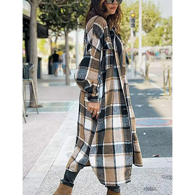 Fantaslook Flannel Shirts for Women Button Up Plaid Shirt Long Pocketed Shacket Jacket Coat - Wal... | Walmart (US)