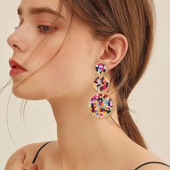 CEALXHENY Beaded Drop Earrings Statement Seed Bead Earring for Women Handmade Triple Circle Dangl... | Amazon (US)