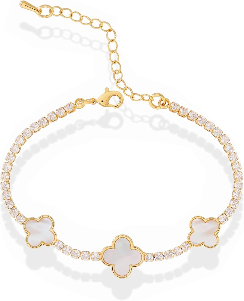 Four Leaf Clover Bracelet for Women 14K Gold Plated White Mother of Pearl Onyx Black Clover Charm... | Amazon (US)