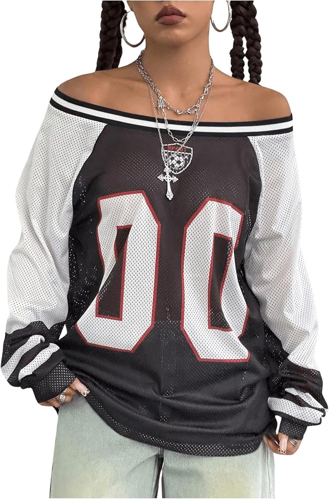 SHENHE Women's Oversized Graphic Jersey Shirt Y2k Off Shoulder Long Sleeve Top Streetwear | Amazon (US)