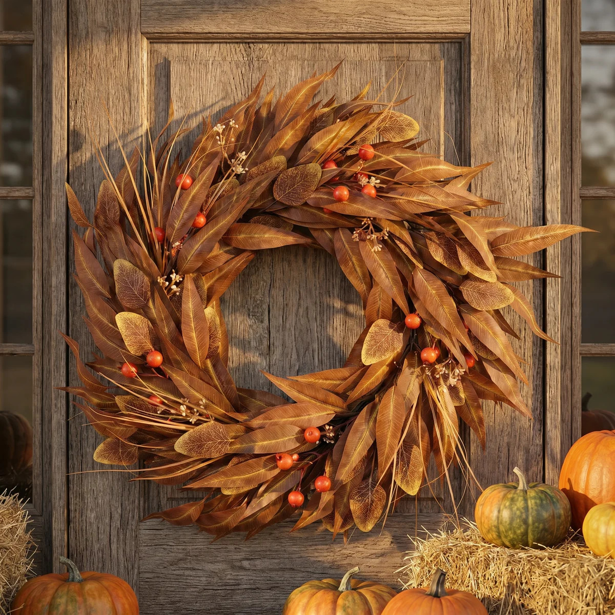 21.65" Fall Faux Olive Leaf Wreath for Front Door, UV Resistant Farmhouse Artificial Wreath with ... | Wayfair North America
