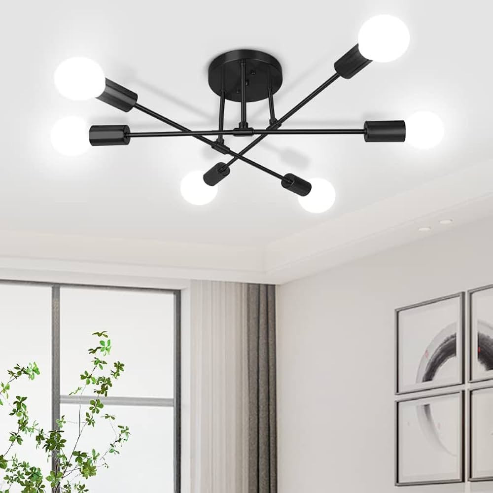 Modern Sputnik Chandelier Ceiling Light Fixture with 6 Lights Black Mid Century Semi Flush Mount ... | Amazon (US)