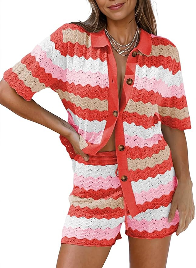 Pink Queen Women Knit Shorts Set 2 Piece Outfits Short Sleeve Button Down Sweater Top and Shorts ... | Amazon (US)