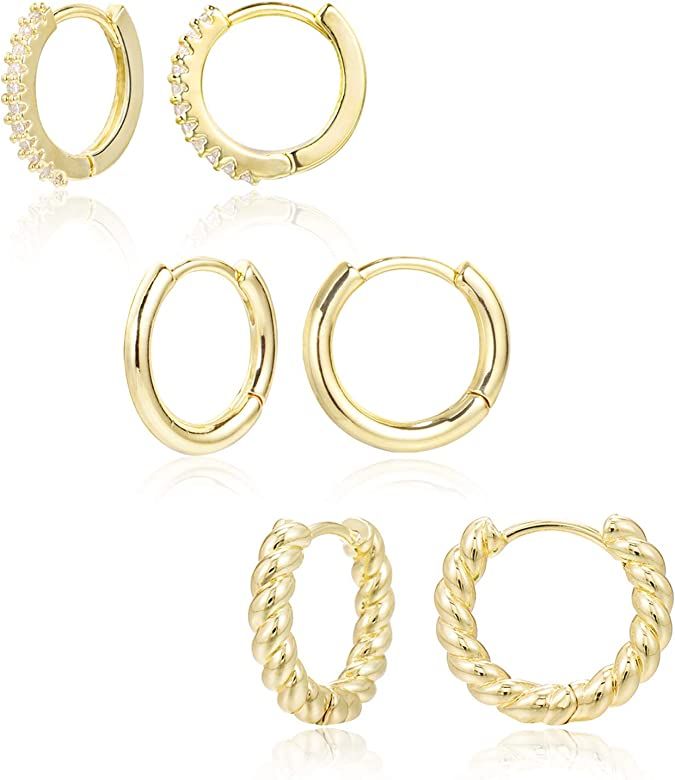 3 Pairs Small Huggie Hoop Earrings Set 14K Gold Hypoallergenic Lightweight Huggie Hoops Earrings ... | Amazon (US)