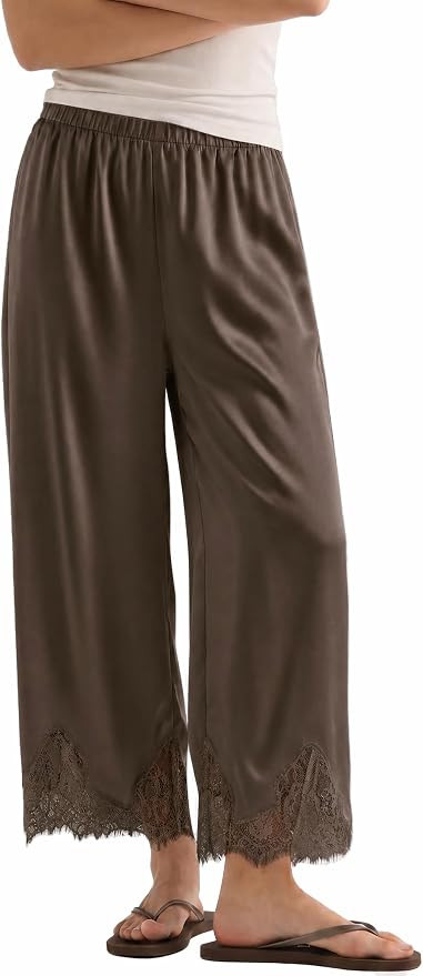 Tankaneo Womens Silk Satin Lace Trim Pants Wide Leg Elastic Pajama Pants | Amazon (US)