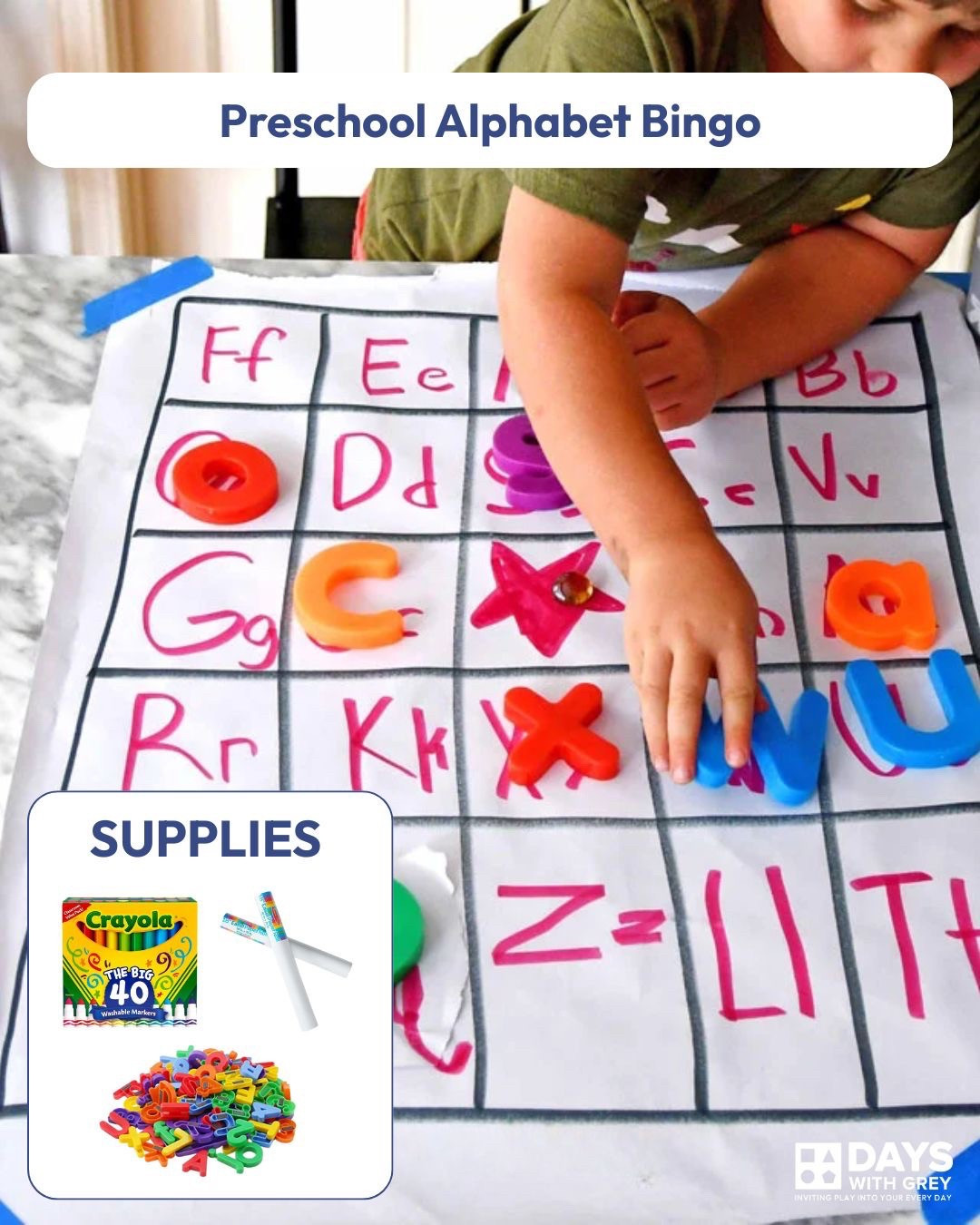 The more exposure kids have to letters and their sounds, the better! Set the paper and board up for your child and let them find and match the letters. This can lead to conversations about what their sounds are. Five in a row can be a bingo- and they will be excited to get one! 

#LTKFamily #LTKKids #LTKFindsUnder50