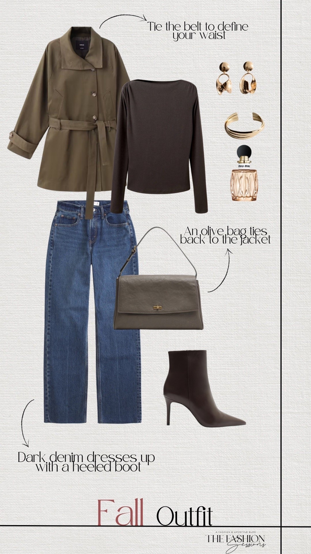 Fall outfit idea | An olive belted trench jacket over a chocolate brown boat neck top, dark wash straight leg jeans, and pointed toe heeled ankle boots. The olive shoulder bag ties back to the jacket, and gold statement earrings and a cuff finish the look. Easy fall date night or casual work outfit!

#LTKootd #LTKSeasonal #LTKOver40
