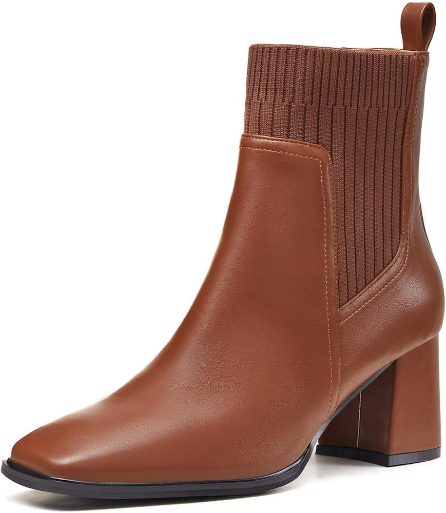 Coutgo Women's Slip On Ankle Boots Chunky Block Heel Square Toe Splicing Dress Sock Booties | Amazon (US)