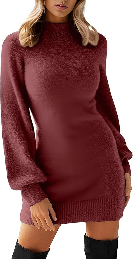 GRECERELLE Women's Mock Neck Ribbed Long Sleeve Bodycon Pullover Cute Mini Sweater Dress | Amazon (US)