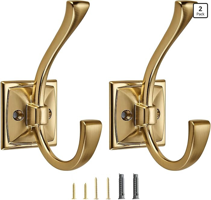 2 Pack Decorative Heavy Duty Towel Hooks for Hanging Robe Double Brushed Brass Coat Hooks Wall Mo... | Amazon (US)