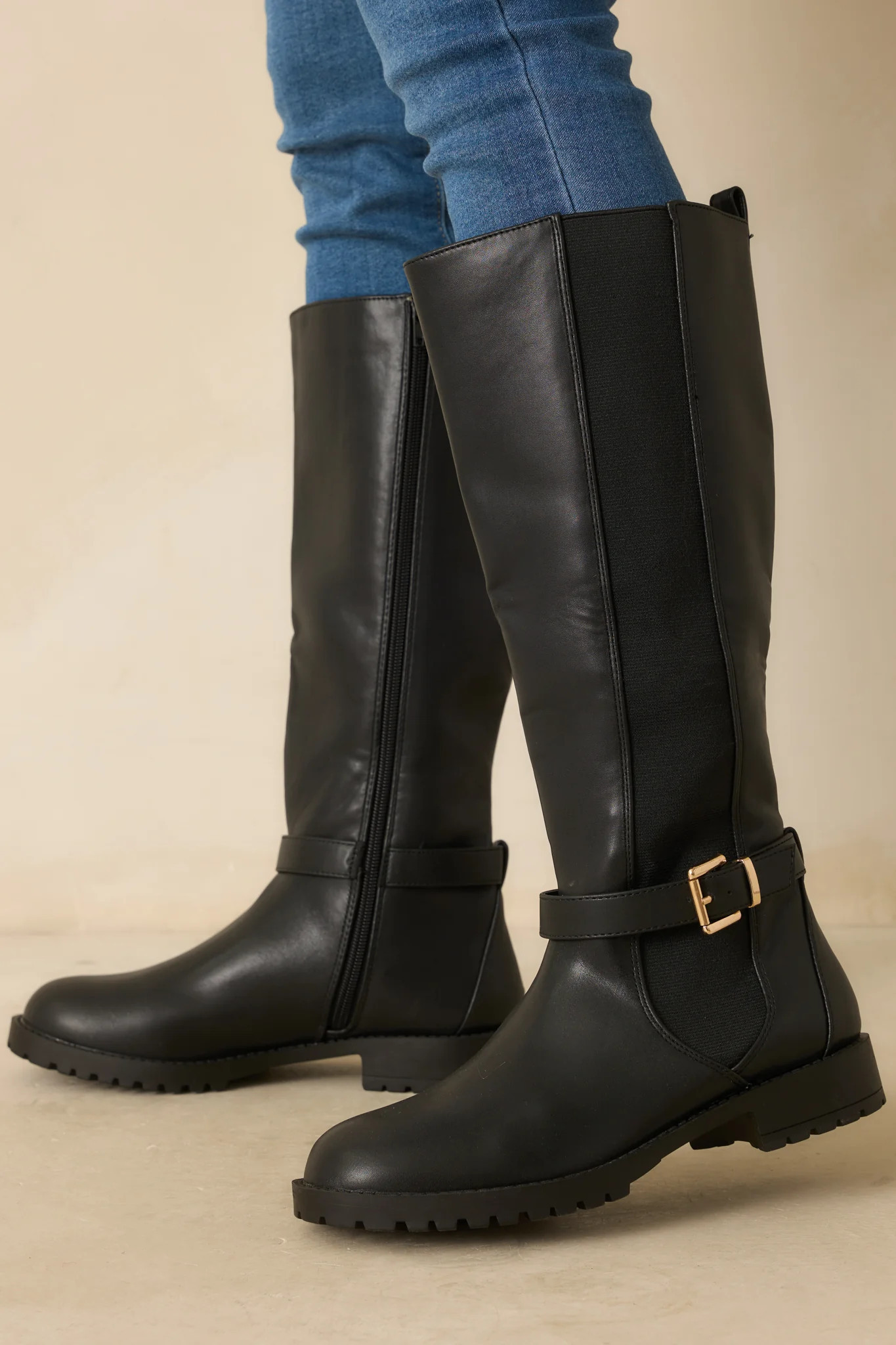 Staying Put Black Faux Leather Knee High Riding Boots | Red Dress