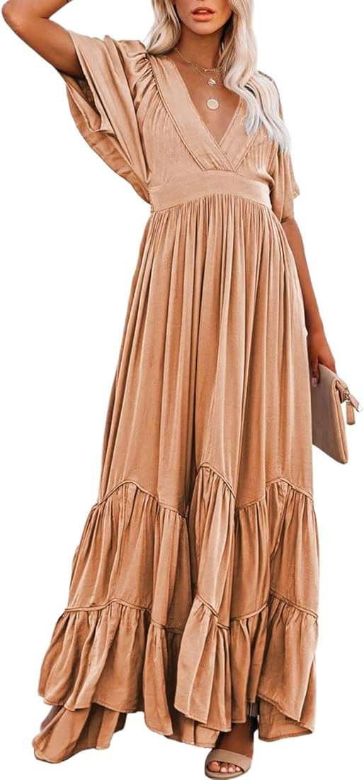 Meenew Women's Summer Long Flowy Dress Tiered Casual Loose Boho Maxi Dress | Amazon (US)