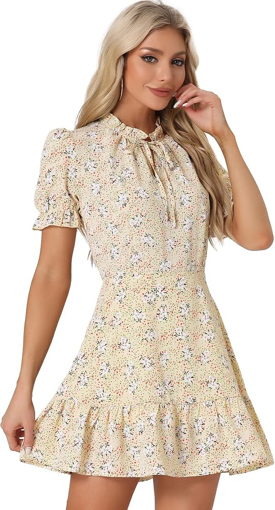 Allegra K Women's Ruffle Dress 2023 Summer Chiffon Tie Neck Puff Short Sleeve Floral Smock Dress | Amazon (US)