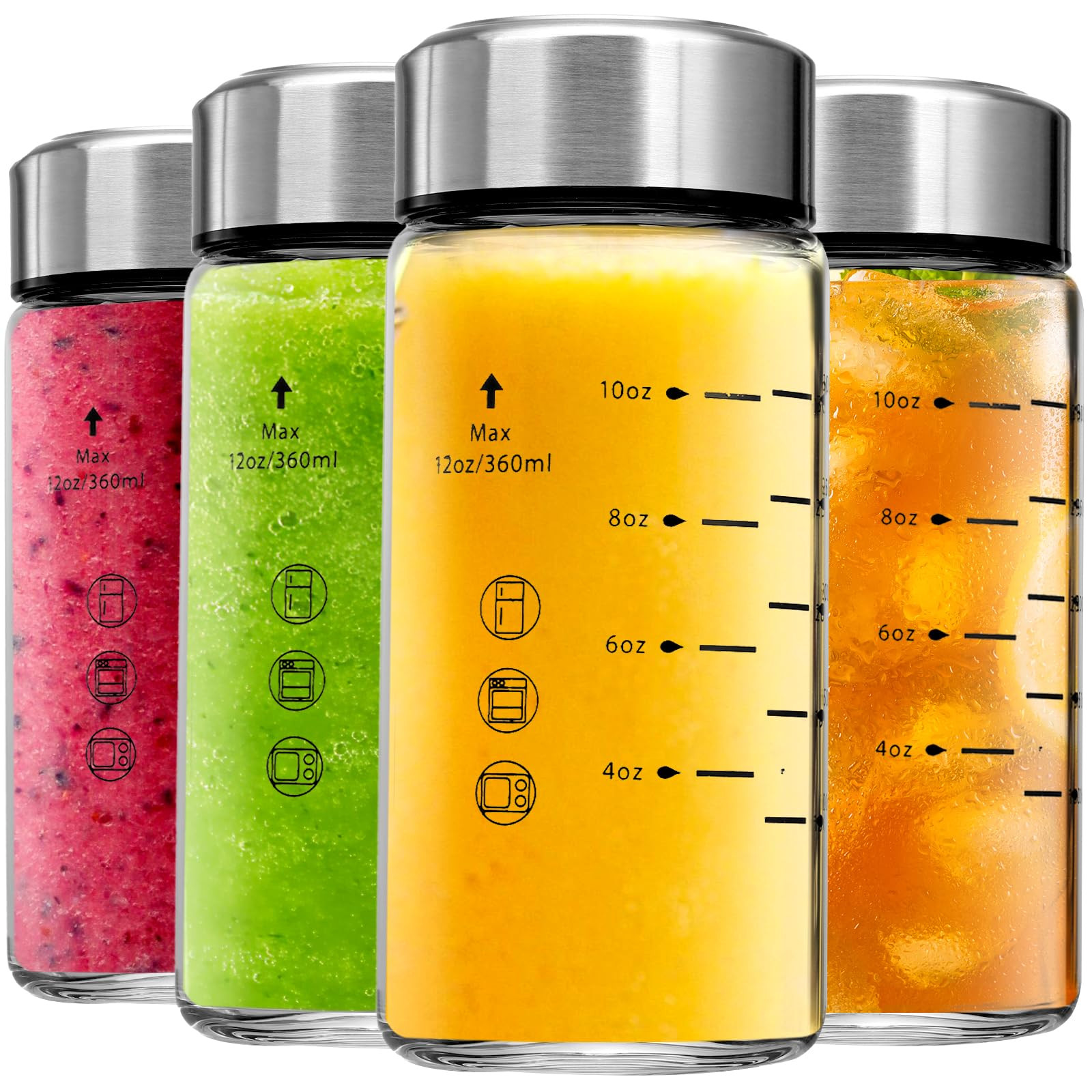 Glass Juice Bottles 4 Pack 12 oz - Wide Mouth Glass Water Bottles with Lids - Borosilicate,Stainless Steel Lids for Juicing, Smoothies, Infused Water, Beverage Storage, Leakproof, Reusable, BPA Free | Amazon (US)