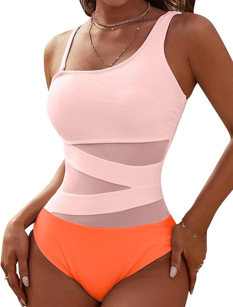 Blooming Jelly Women's Sexy One Piece Bathing Suits One Shoulder Swimsuits Slimming Mesh Swimwear | Amazon (US)