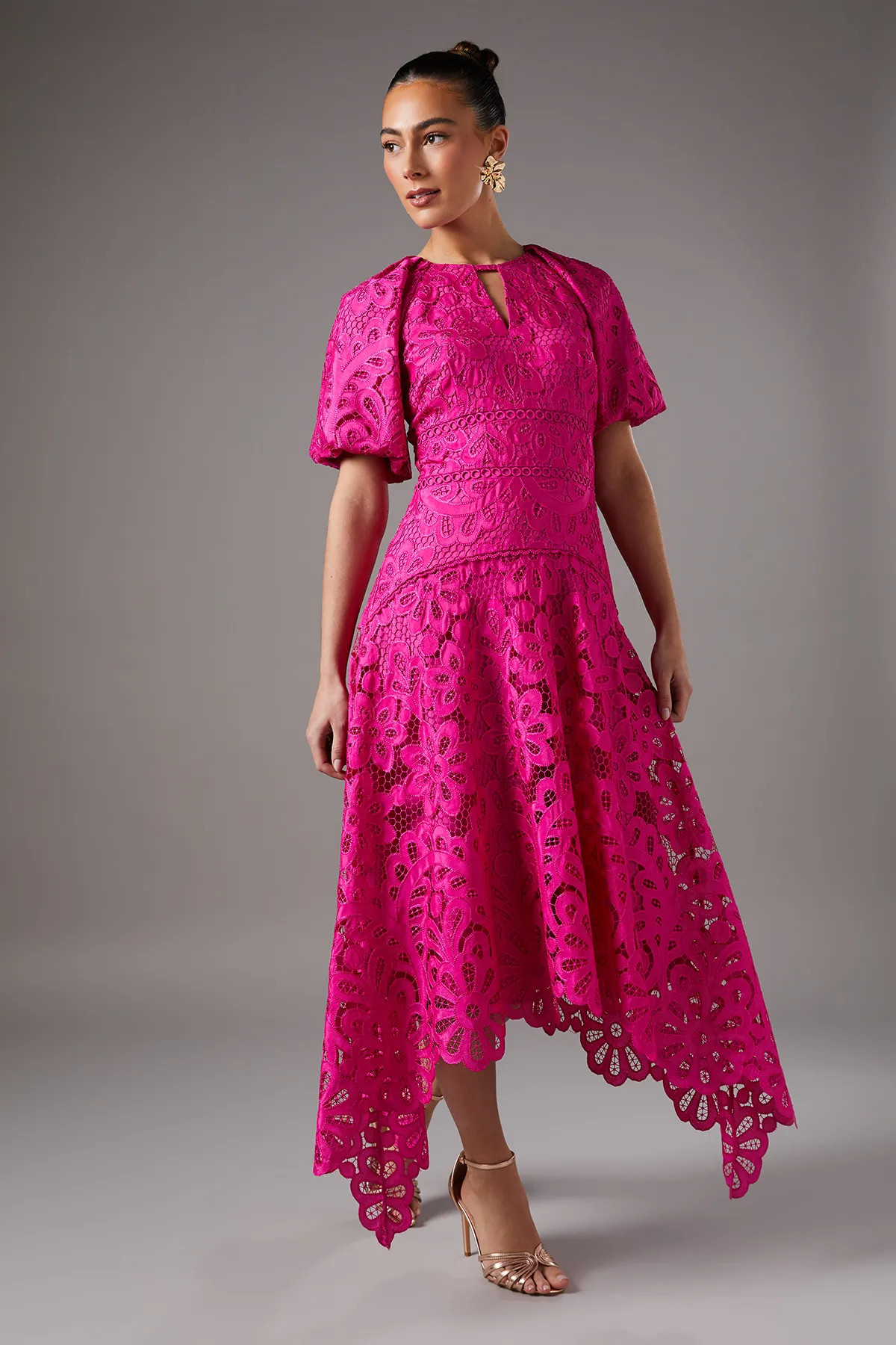 Lace Hanky Hem Puff Sleeve Dress | Karen Millen