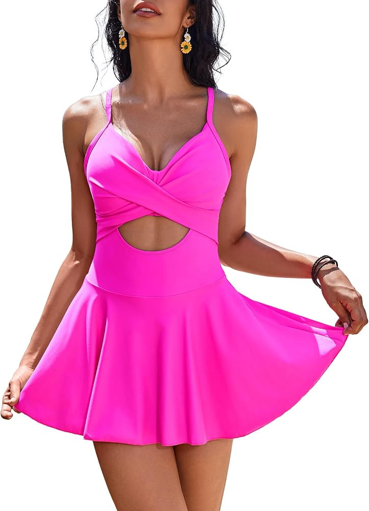 AI'MAGE Women's One Piece Swimdress V Neck Tie Back Skirt Swimsuit Push Up Tummy Control Bathing ... | Amazon (US)